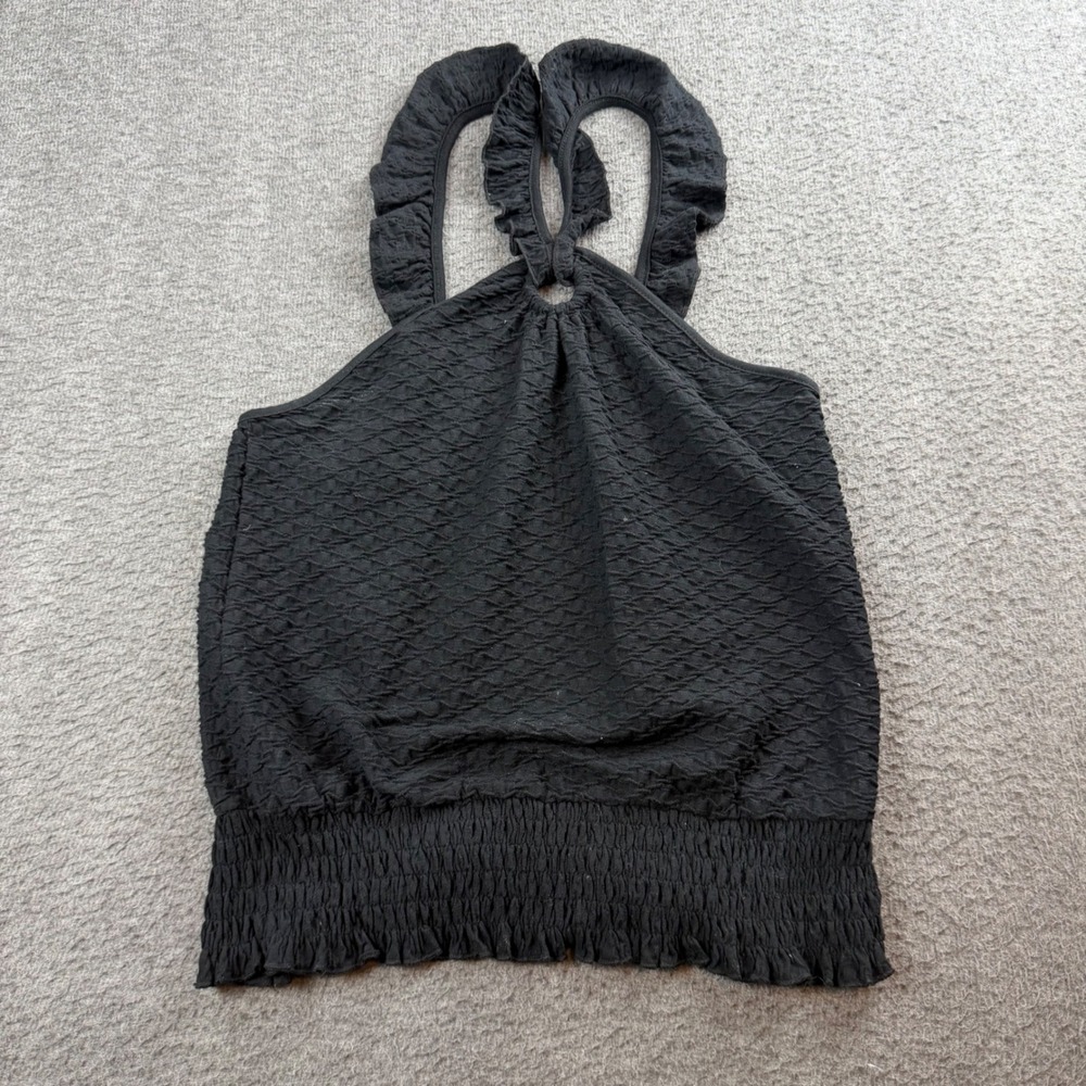 Anthropologie Halter Top Women's XS Black Textured Smocked Ruffle Matelasse
